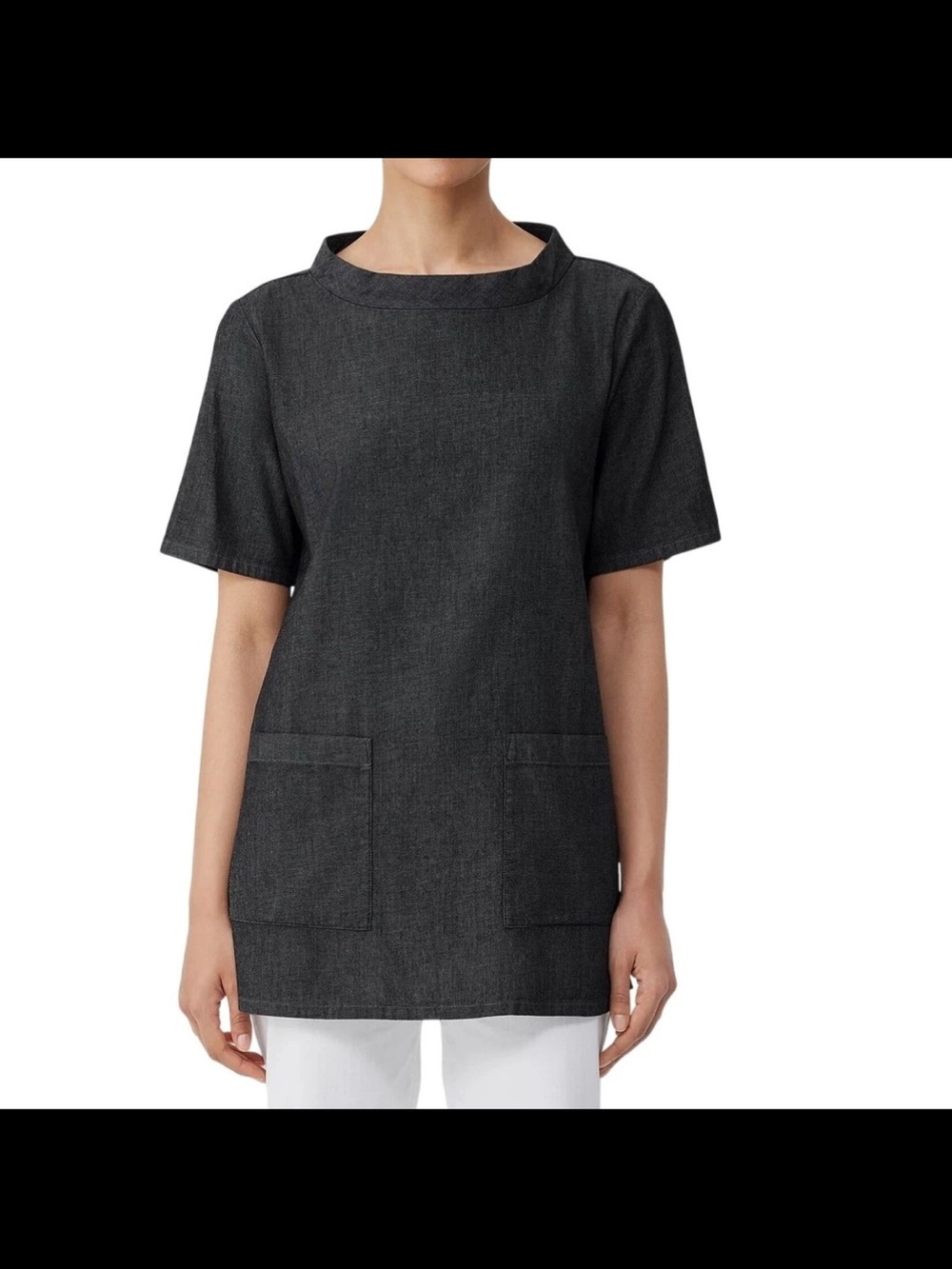 Eileen Fisher Airy Top Women's L Gray Organic Cotton Mock Neck Pocket Lagenlook